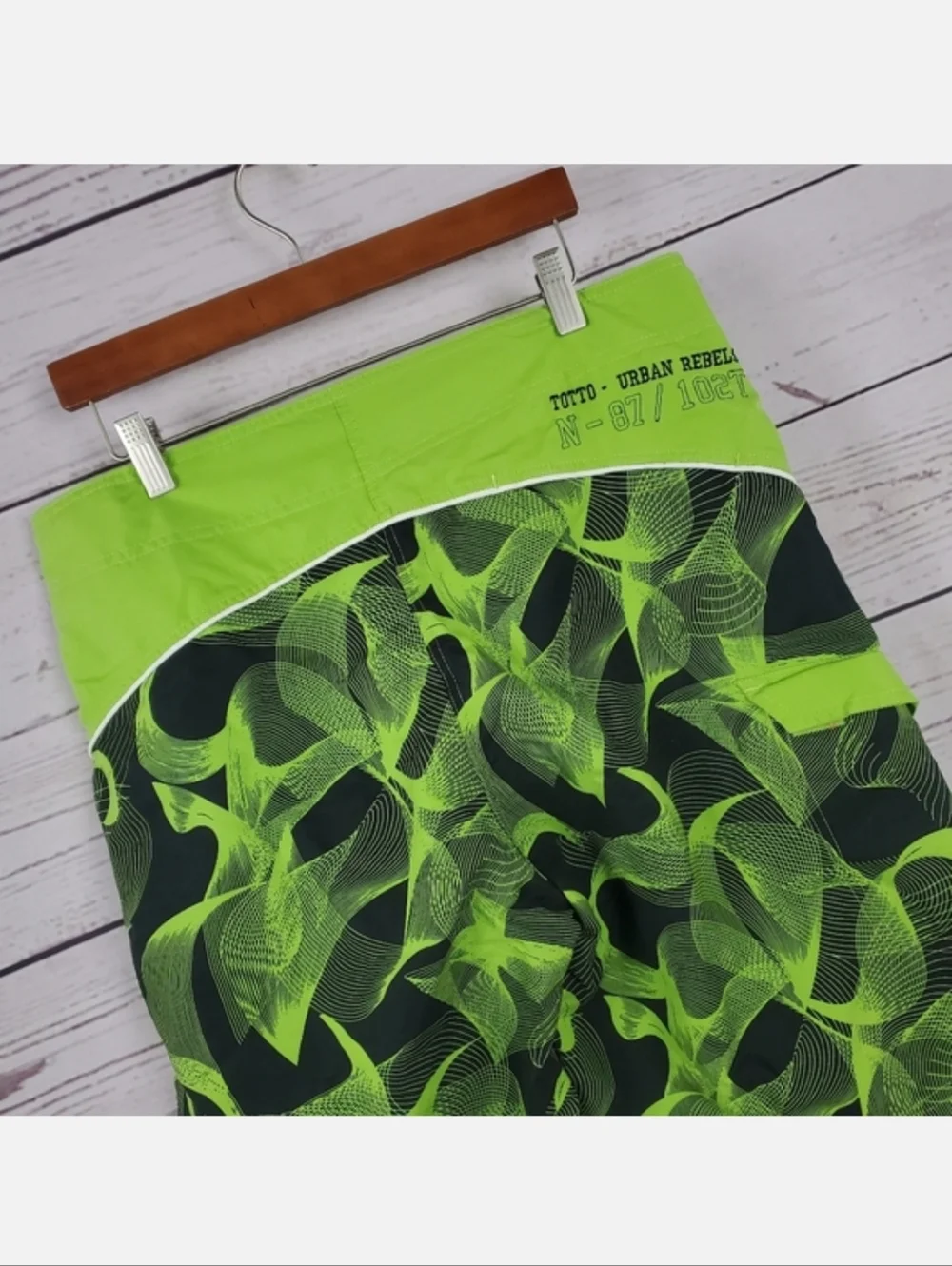 Neon Green Wave Pattern Men's Swim Trunks - Picture 4 of 5